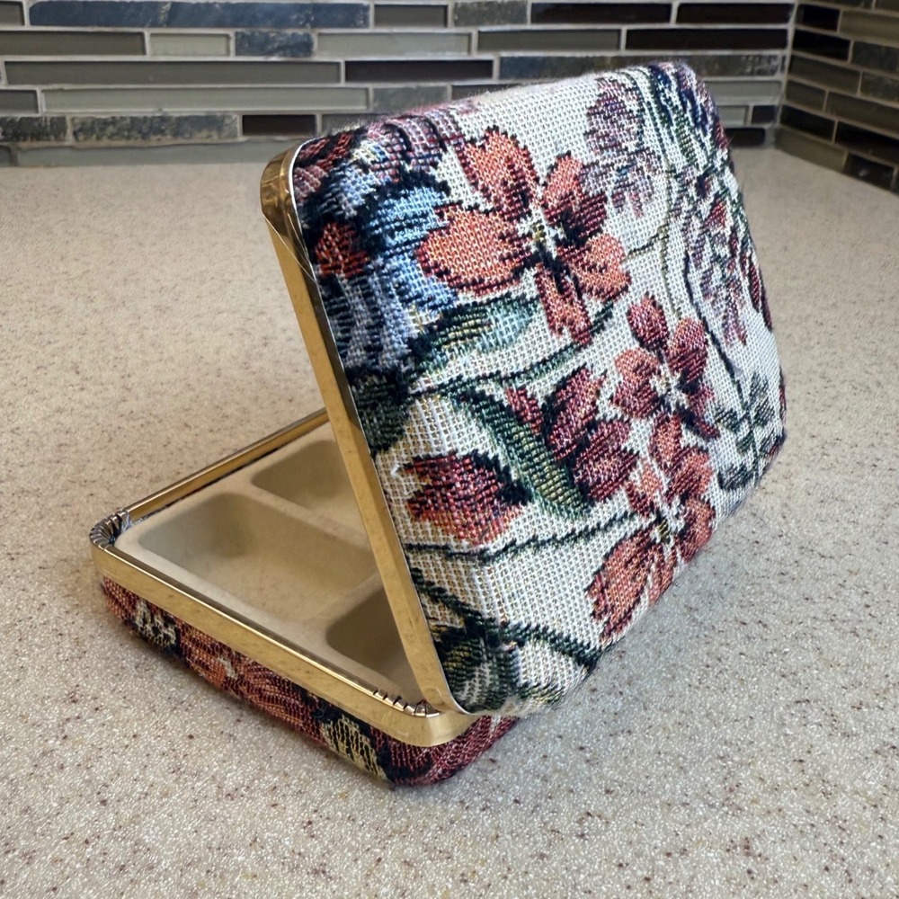 VTG Floral Tapestry Jewelry Travel Case Gold Metal Frame Clam Shell Organizer